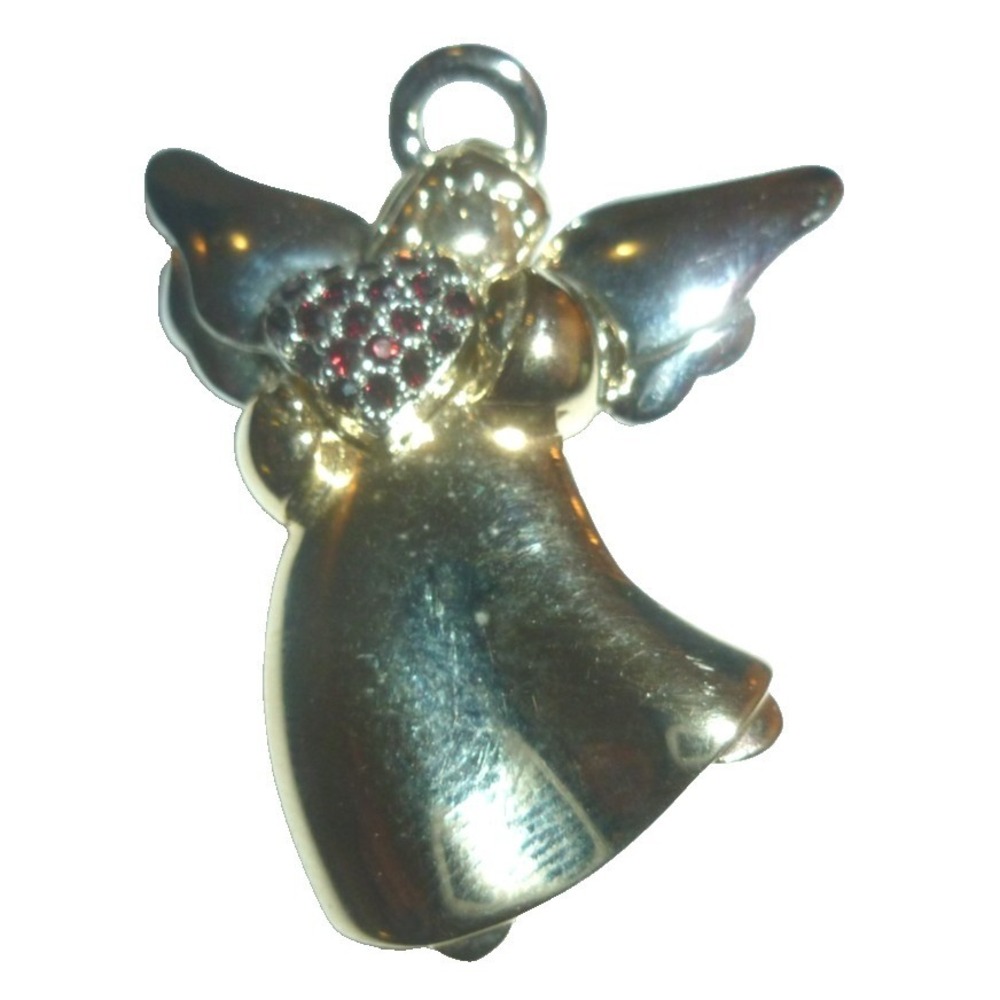 Vintage Angel Brooch Pendant Gold Silver Tone Red Rhinestone Heart 1.5 Inch